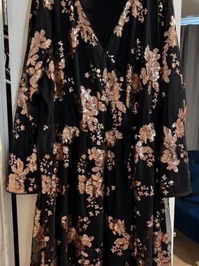 BloomChic Black Dress with Rose Gold Sequin Floral Embroidery
